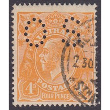 Australian    King George V    4d Orange   Single Crown WMK  Perf O.S. Plate Variety 1R5..